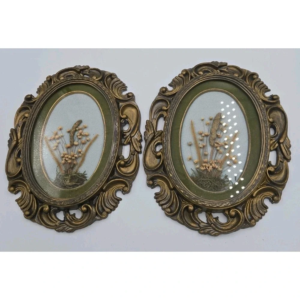 Vintage Pressed Flower Art Set Gold Ornate Round Frames Botanical Wall Decor